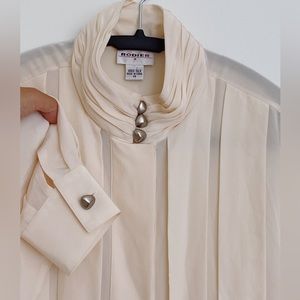Vintage Rodier 100% Silk Button Up Mockneck Beige M/L